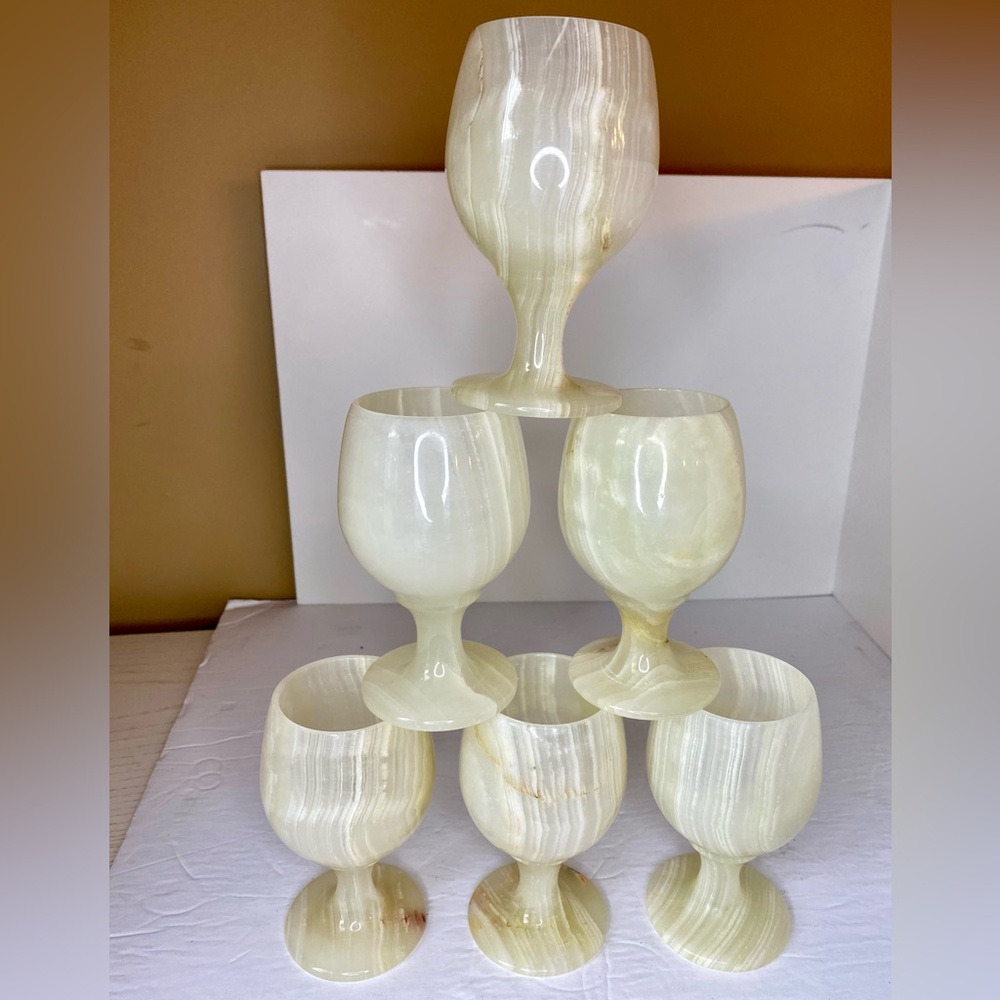 Set of Hand Carved Genuine Stone Onyx Marble Wine Liquor Goblets FINE DELICATE